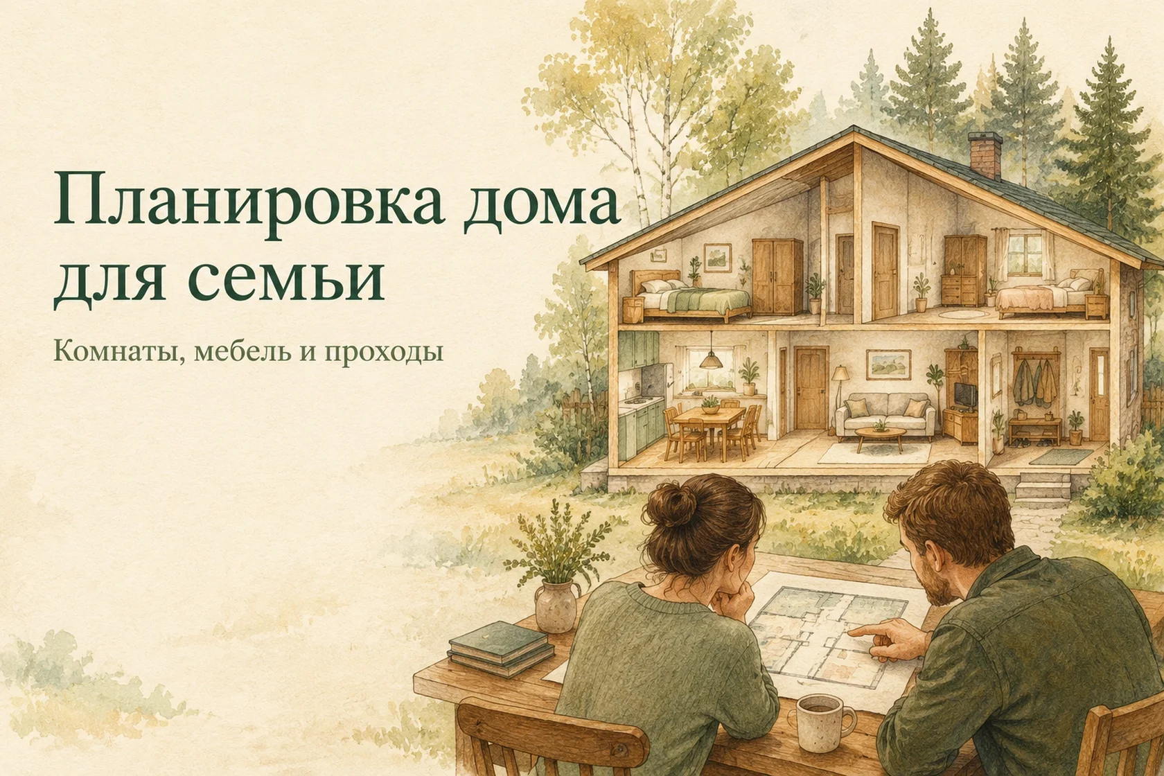 Акварельная иллюстрация: семья рассматривает план дома, рядом показаны комнаты с мебелью.