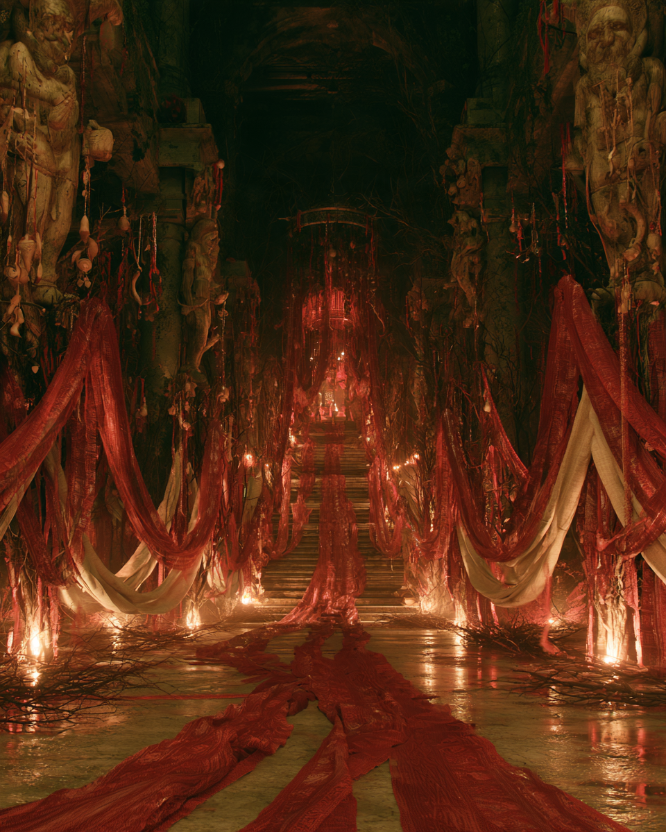 Instalación con drapeados rojos que evoca un umbral ceremonial