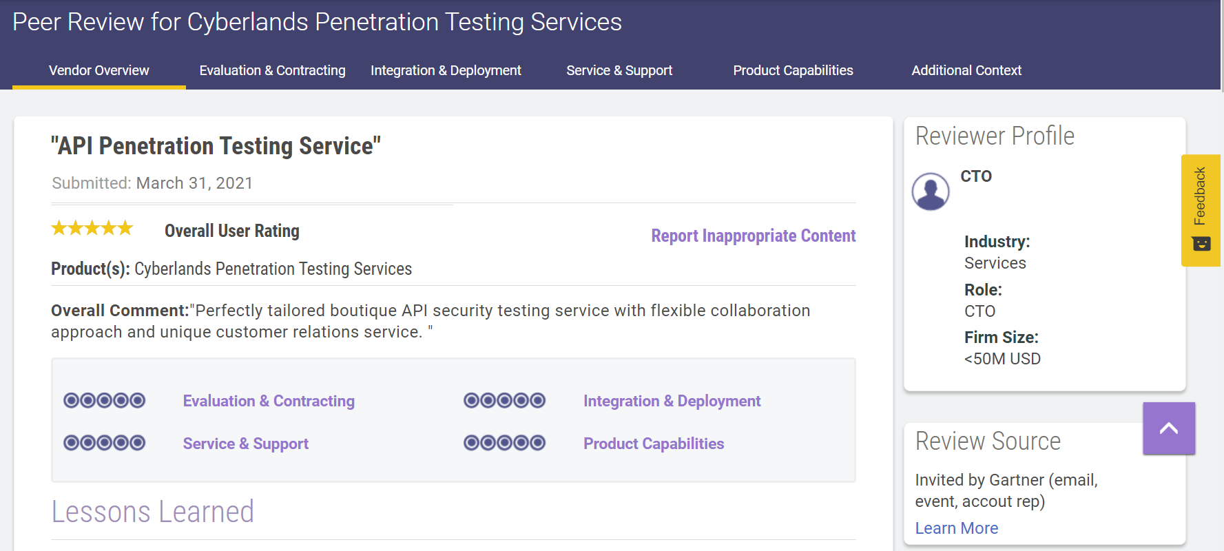 Cyberlands API Testing review verified by gartner