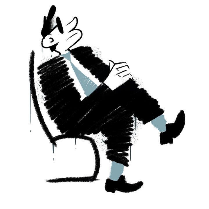 Рисованный персонаж сидит на стуле в черном костюме с красным галстуком, в красных носках и темных очках