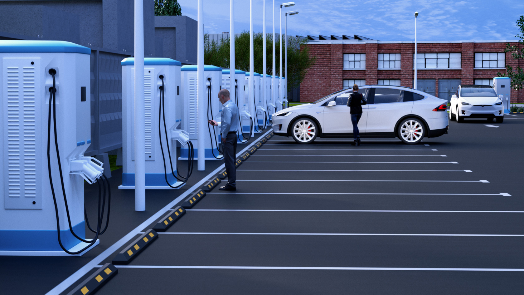 Крупная электрозаправка, оборудованная станциями быстрой зарядки электромобилей