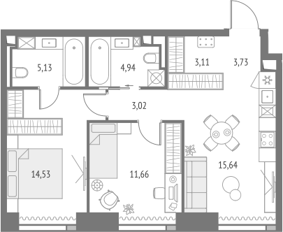 3-комнатная 61,8 м²