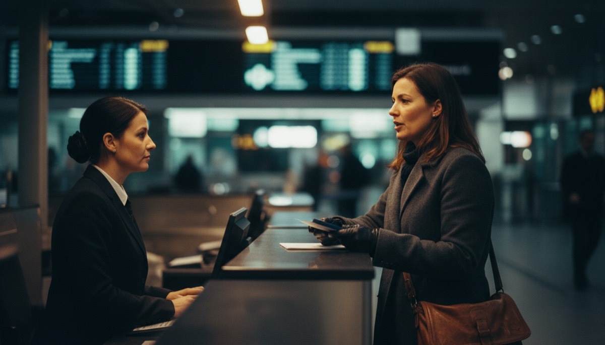Английский для путешествий - женщина уверенно говорит с сотрудником аэропорта