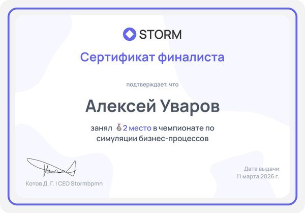 Сертификат финалиста — 2 место в чемпионате Storm DES