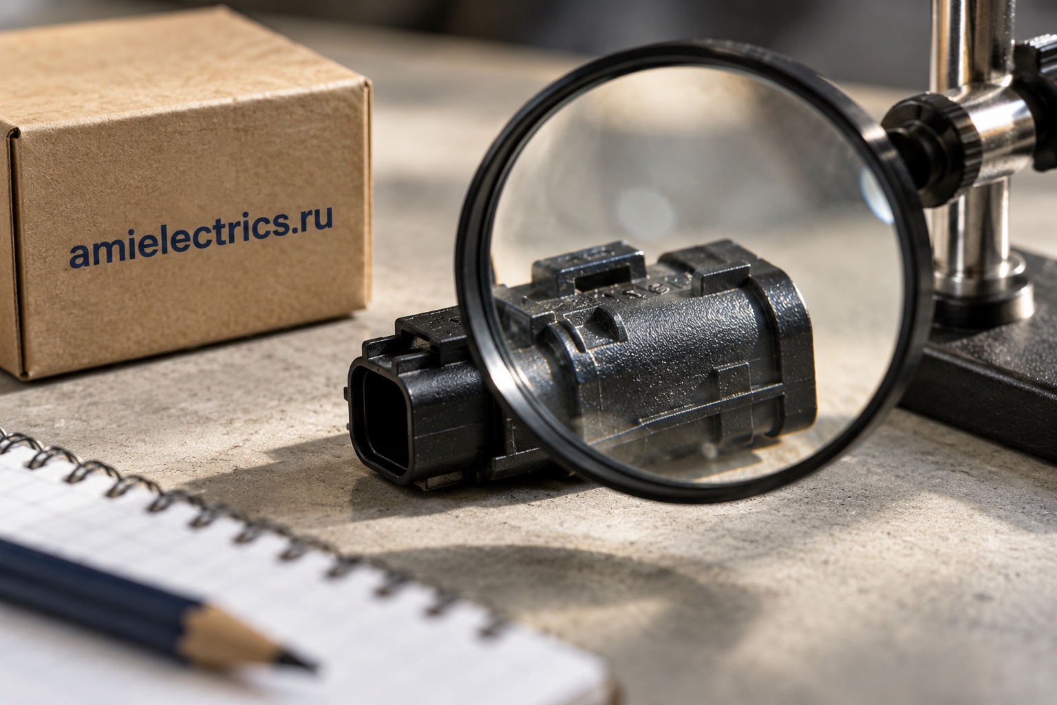 Осмотр корпуса разъёма через лупу рядом с коробкой amielectrics.ru; тематическая иллюстрация