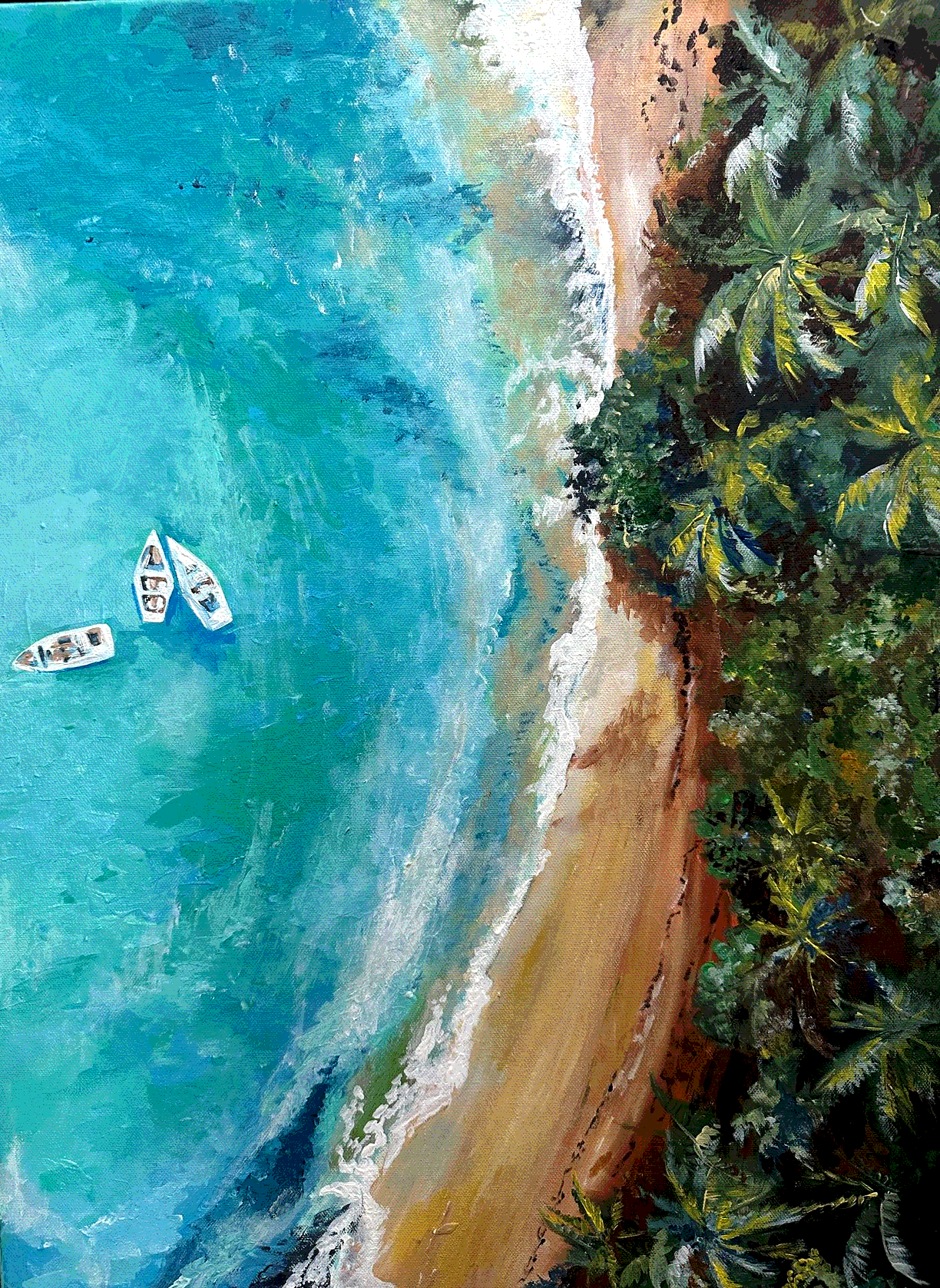 Blue Lagoon — acrylic painting, aerial view of a turquoise cove with three small boats and palm-covered shore