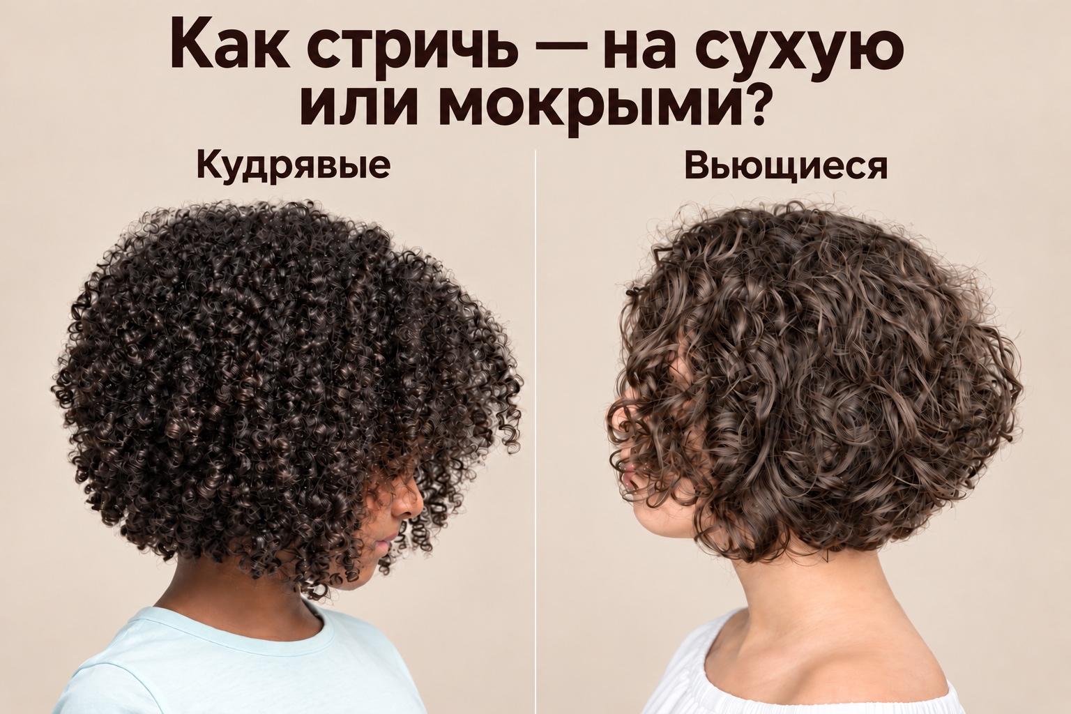 Сравнение кудрявых и вьющихся волос на кофейном фоне