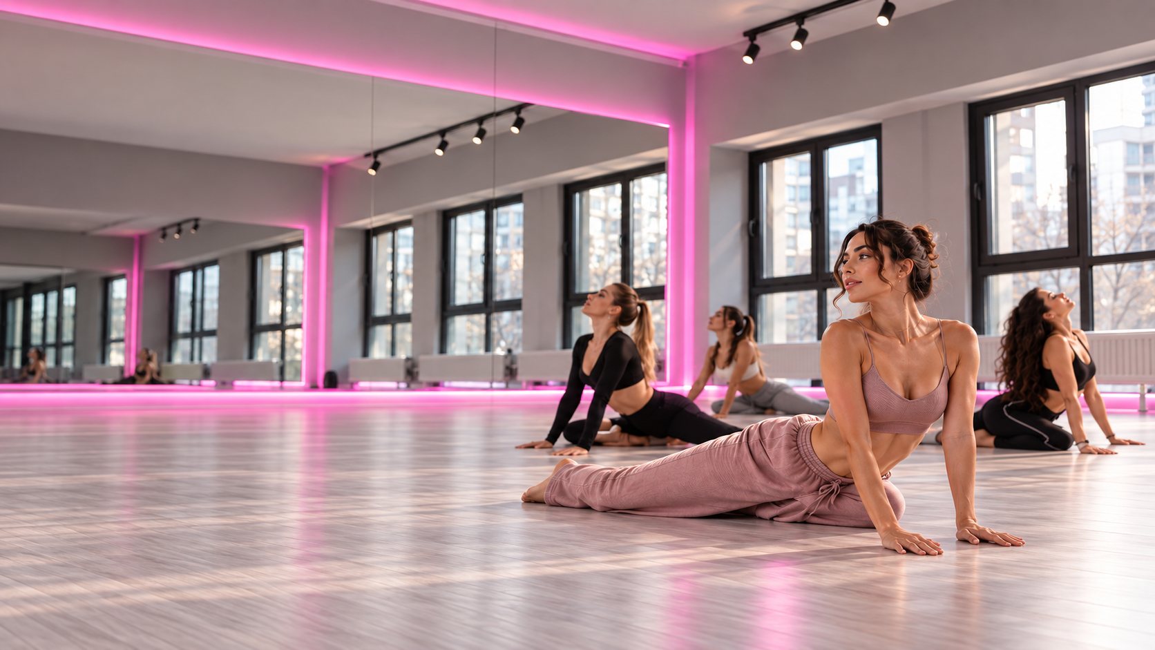 Занятие по растяжке в зале студии Soul Stretch