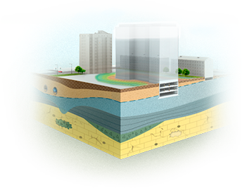 иллюстрация слоев грунта и подземных вод, на которых стоят здания с подземной парковкой в разрезе