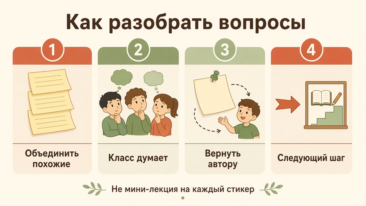 Четыре способа разобрать записи: объединить похожие, дать классу подумать, вернуть вопрос автору и назначить следующий шаг