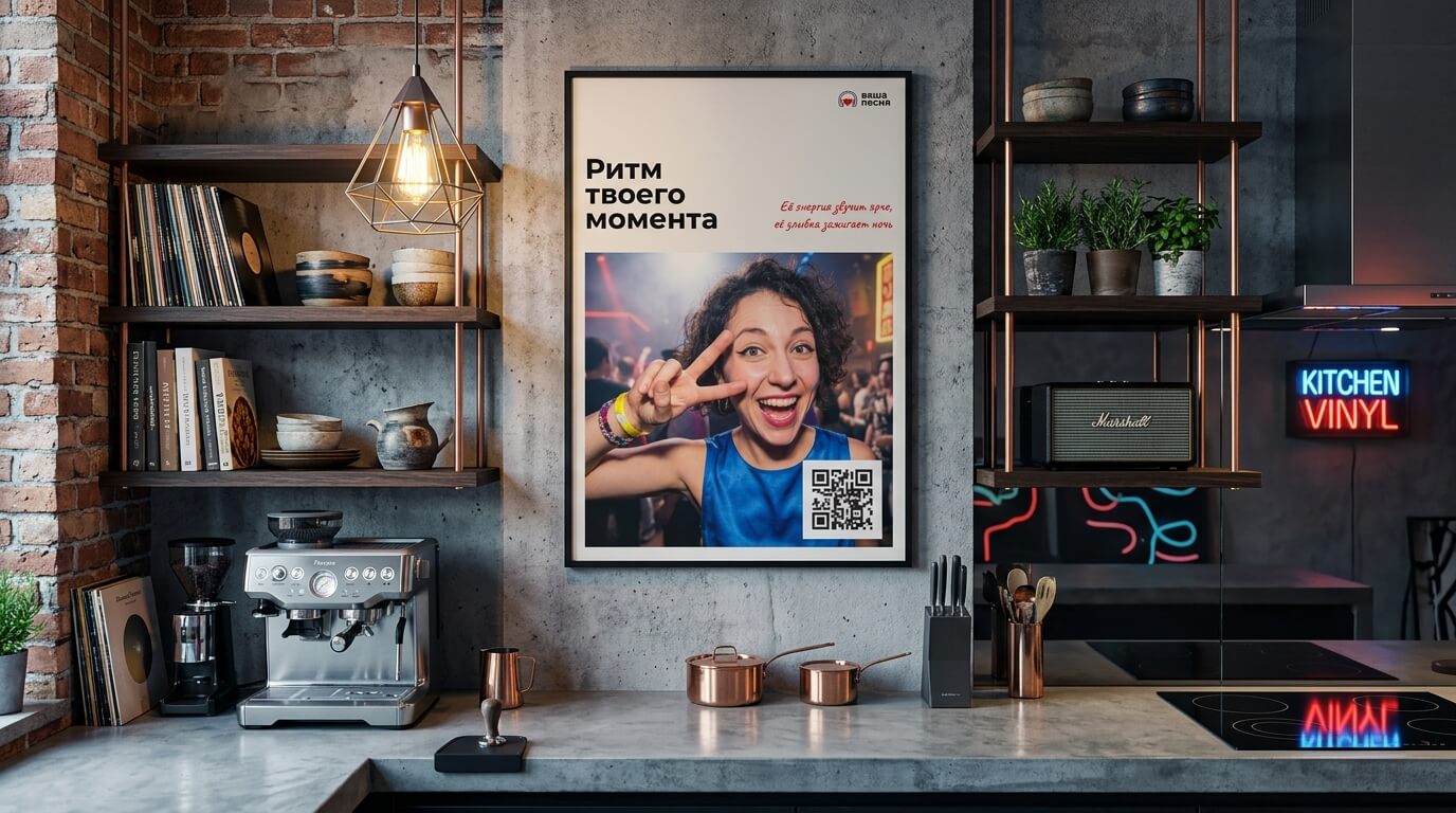 Индивидуальный настенный постер с QR-кодом в стильной рамке, подаренный на юбилей женщине, висит на стене в уютном домашнем интерьере.