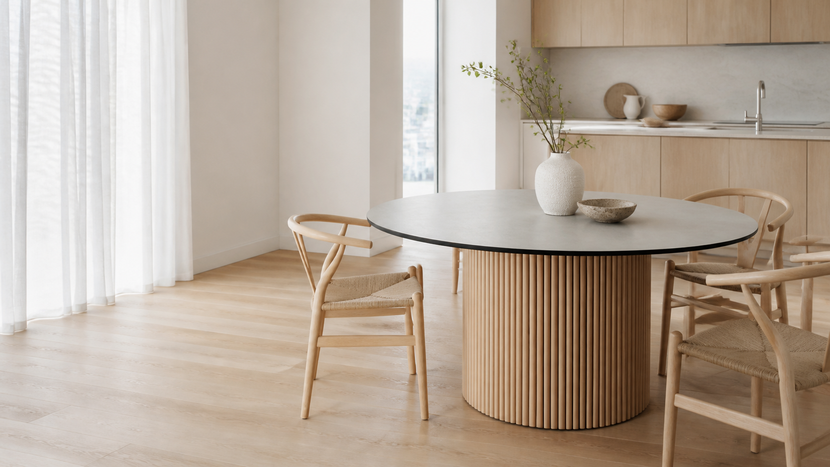 Круглый стол LoFTable с акцентной столешницей в светлом интерьере