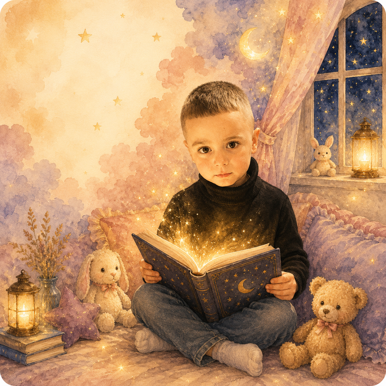 Мальчик читает волшебную книгу