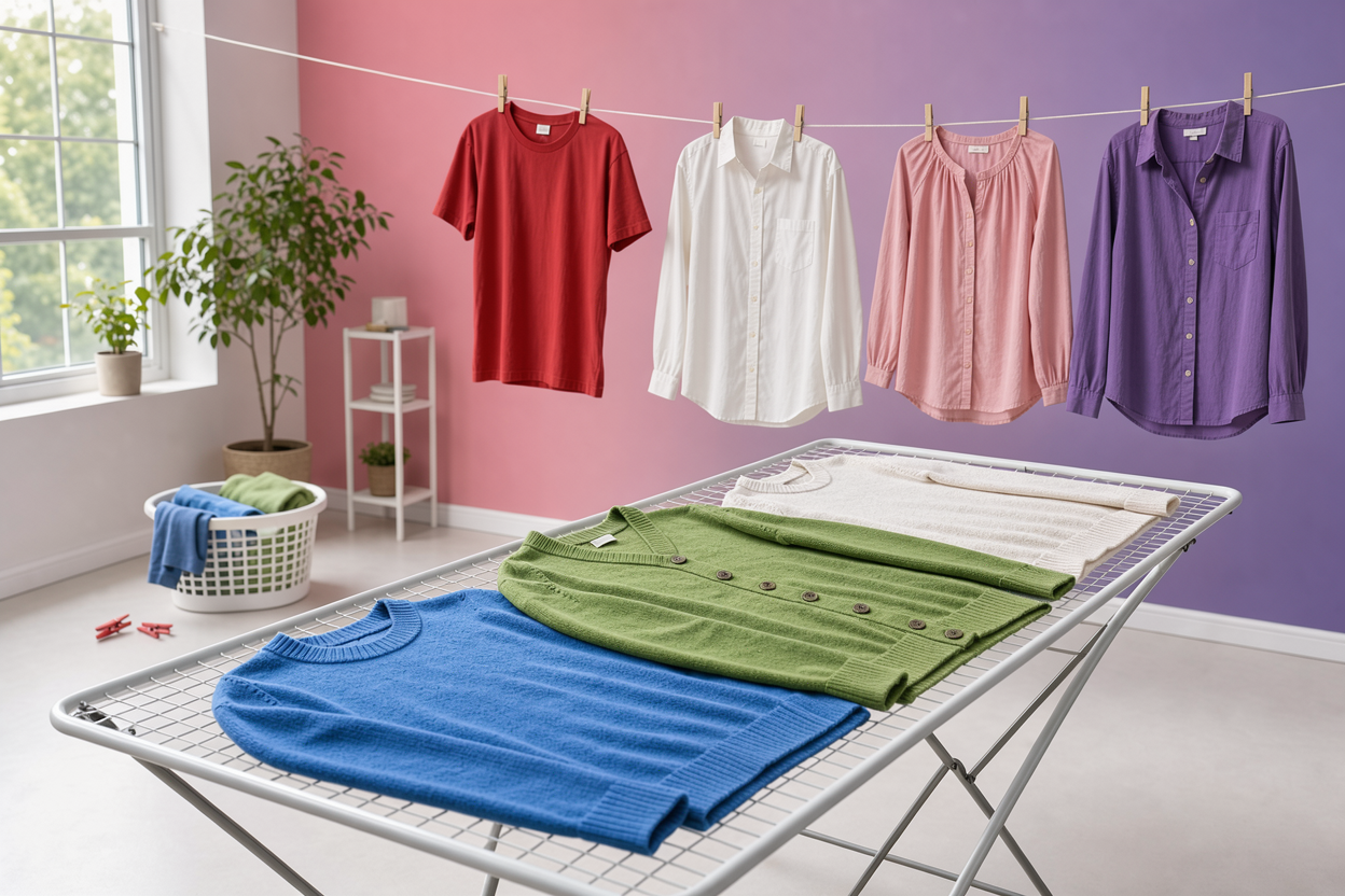 Clothes air-drying indoors: sweaters laid flat to dry on a rack, shirts hanging on a line, soft natural light