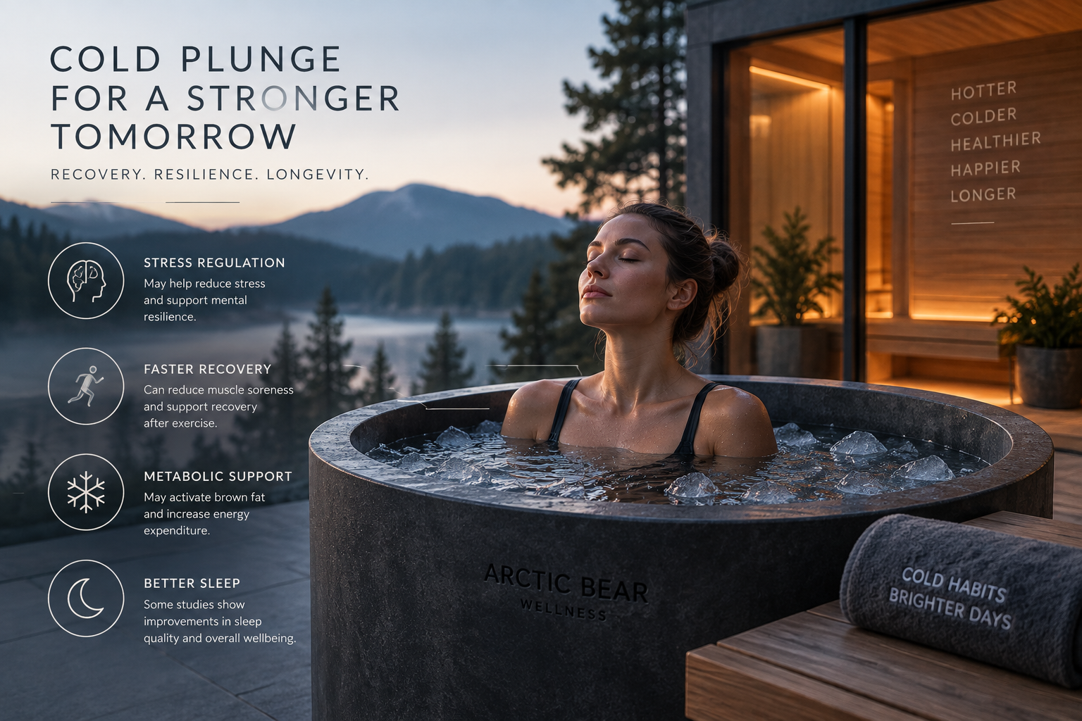 Cold plunge with subtle scientific callouts for stress response, autonomic nervous system, recovery and metabolic activity.