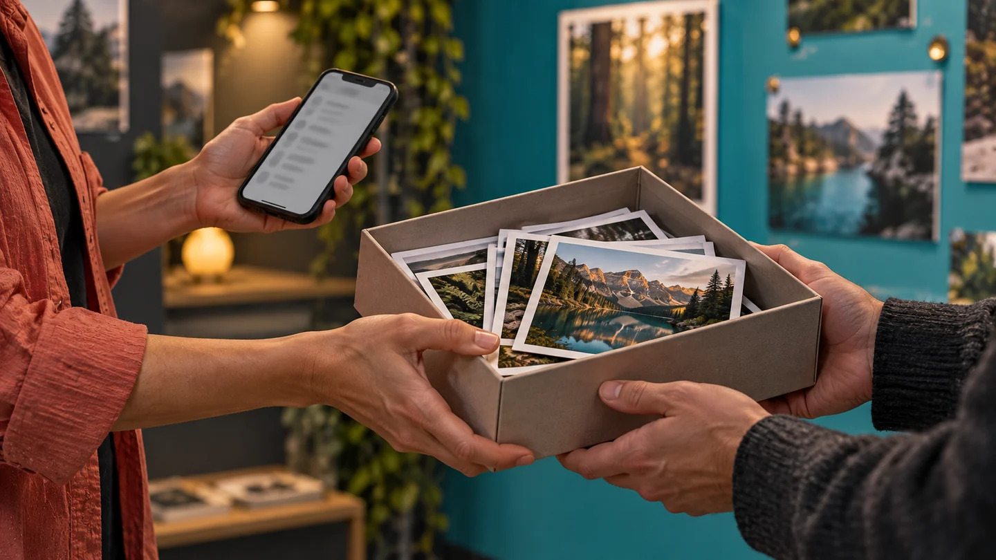Фотографии в коробке и телефон со списком в руке отправителя