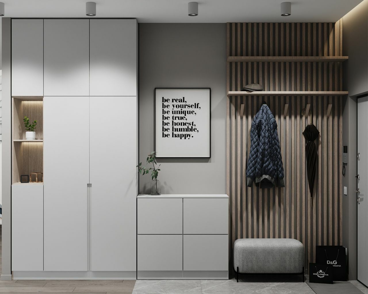 Дизайн прихожей в квартире в современном стиле со шкафом для одежды