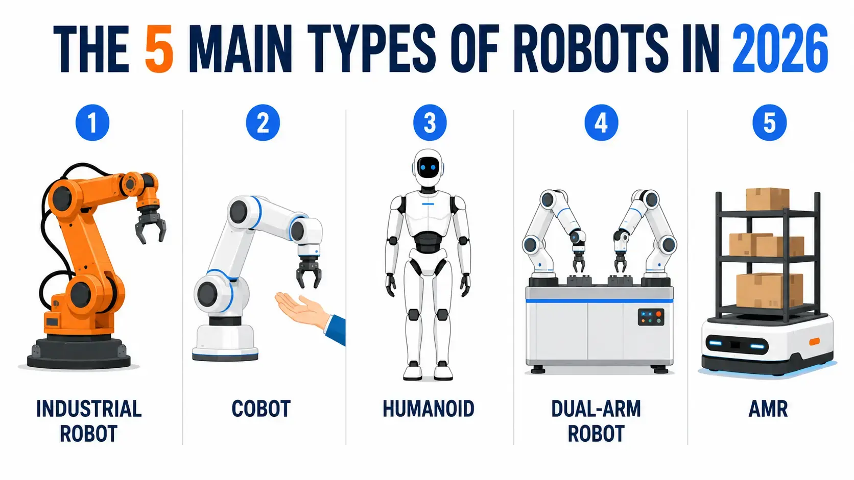Infographic: 5 main types of robots in 2026 - industrial robot, cobot, humanoid, dual-arm robot, autonomous mobile robot