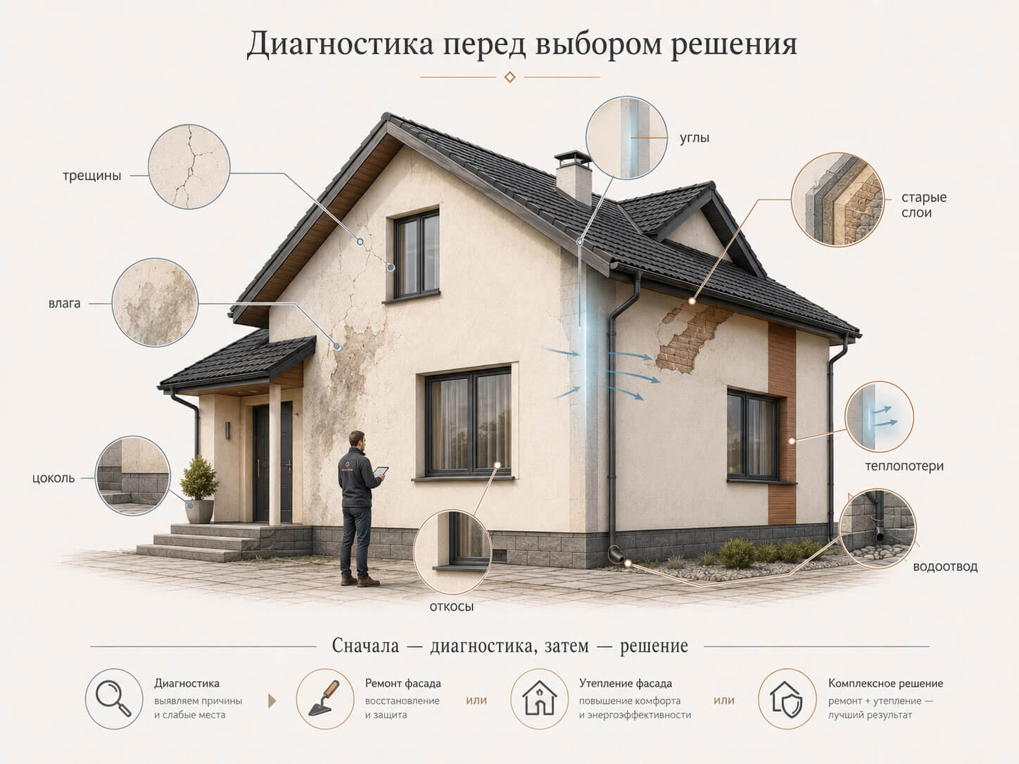 Инфографическая иллюстрация диагностики фасада частного дома перед выбором ремонта, утепления или комплексного восстановления.