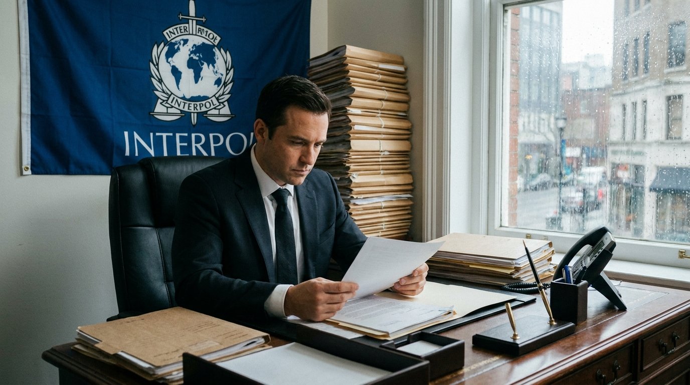 Юрист в строгом костюме изучает документы за рабочим столом, на заднем плане — флаг Интерпола и стопка папок с делами, деловая атмосфера