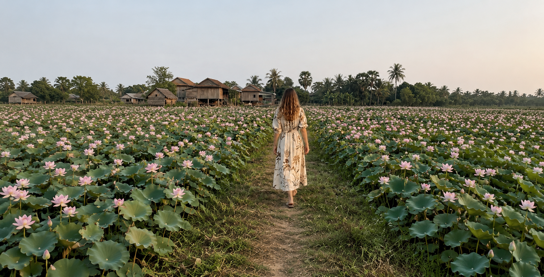 Ancient Khmer temple silhouetted against a warm sunrise