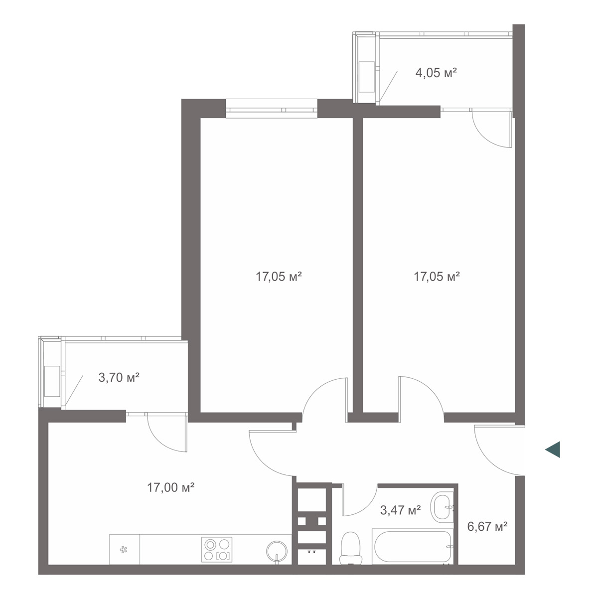 Планировка квартиры около 65 м² в ЖК «Парковый»