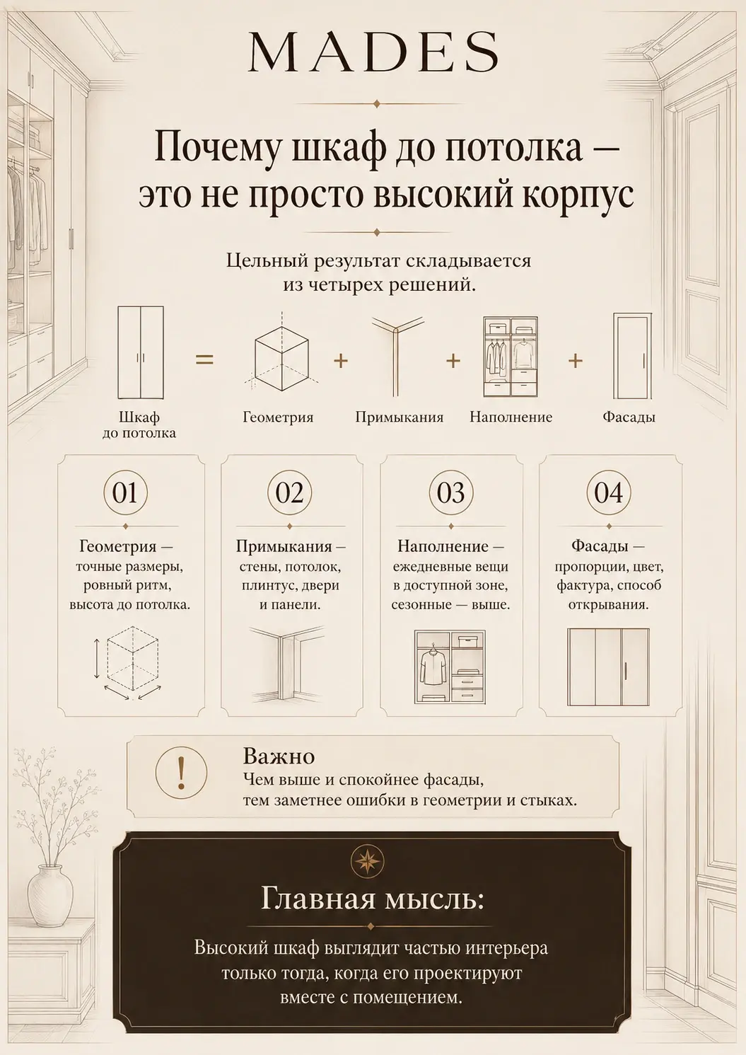 Почему шкаф до потолка — не просто высокий корпус: геометрия, примыкания, наполнение и фасады