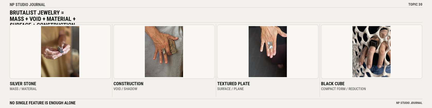 Brutalist jewelry equals mass plus void plus material plus surface plus construction using real NP Studio works