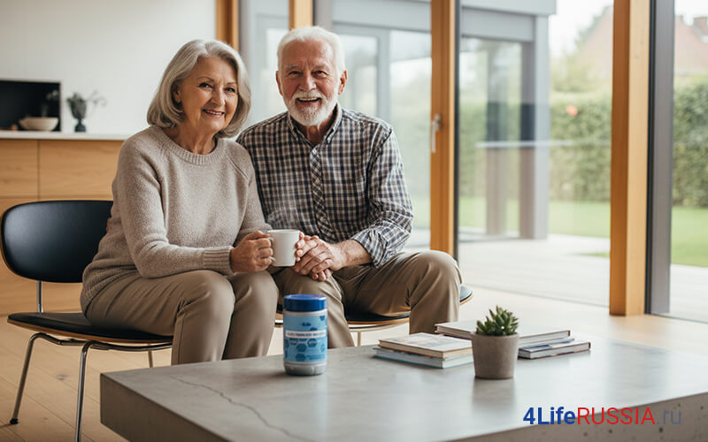 4Life Transfer Factor Tri-Factor Formula: пожилая пара в уютной гостиной, на столе банка продукта и чашки; тема иммунитета, баланса и здорового старения.