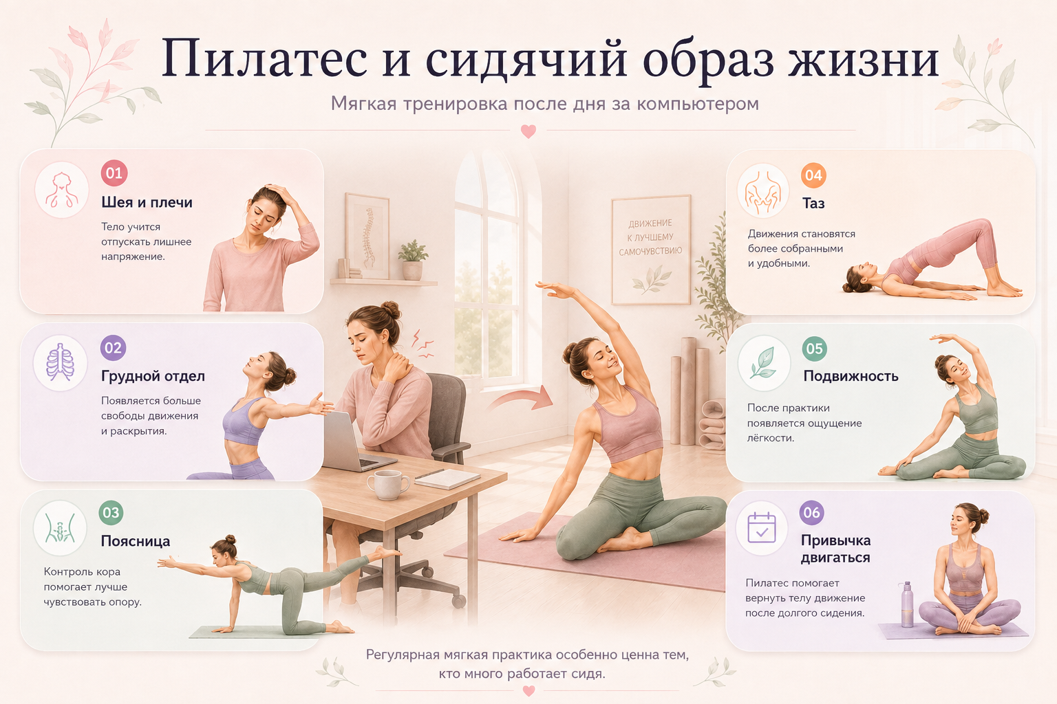 Пилатес при сидячем образе жизни: движение для плеч, грудного отдела, поясницы и таза