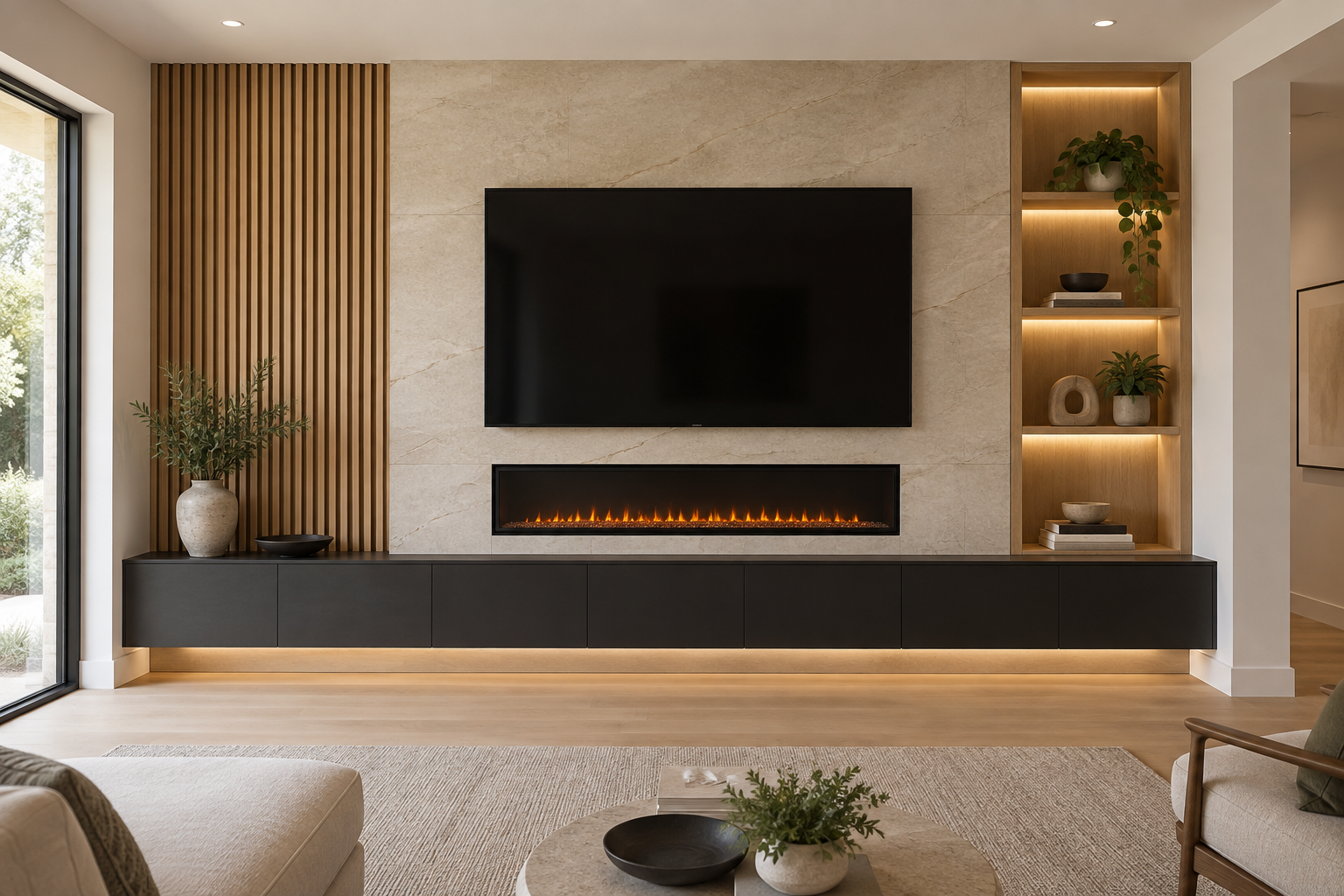 Modern custom media wall with a large TV, linear electric fireplace, large-format stone-look panels, oak slats, floating charcoal cabinetry, and integrated lighting.