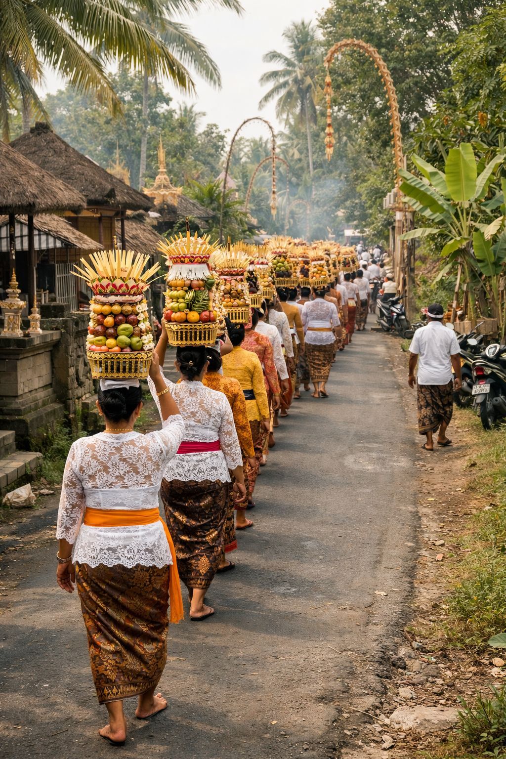 Prosesi mapeed di jalan desa Bali yang tenang menuju area pura