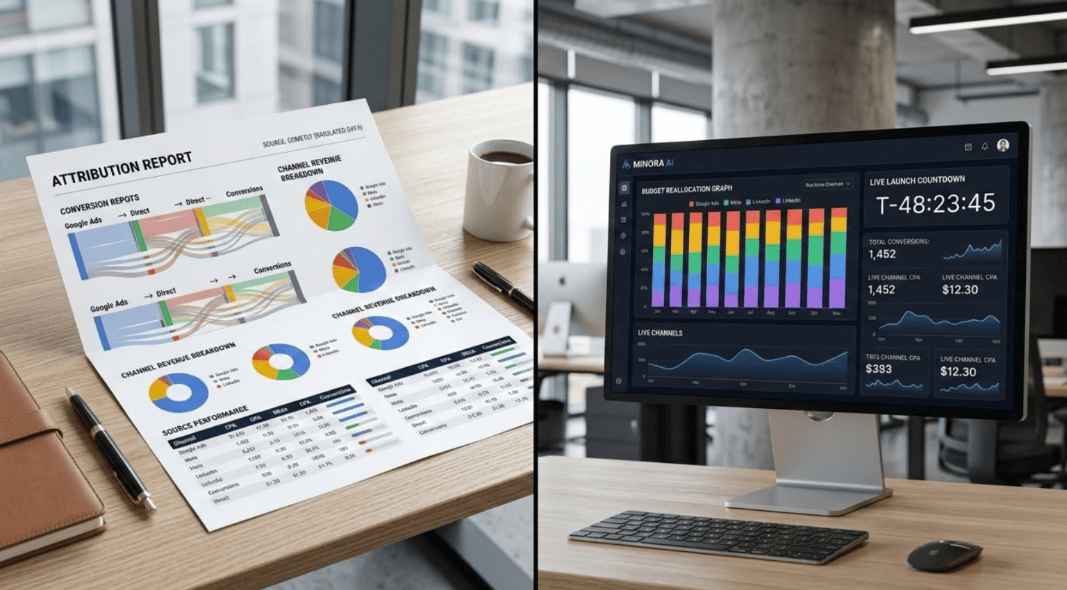 A Tashkent office split between a printed Cometly attribution report on a desk and a Minora AI real-time campaign dashboard showing autonomous budget reallocation and omnichannel launch status across 450+ channels.