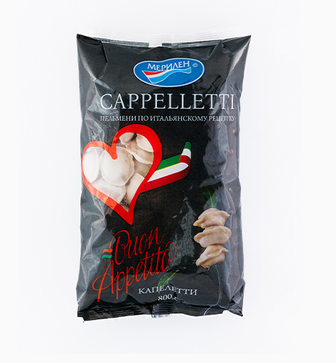 Пельмени «Каппеллетти» от производителя Мерилен — замороженные полуфабрикаты, приготовленные по итальянскому рецепту с начинкой из свинины, говядины. Упаковка: 800 гр.