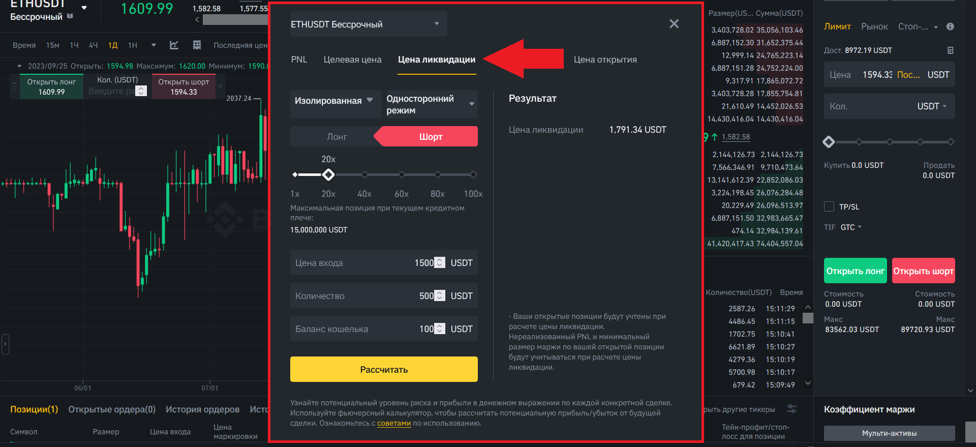 Калькулятор фьючерсов и цена ликвидации, Binance