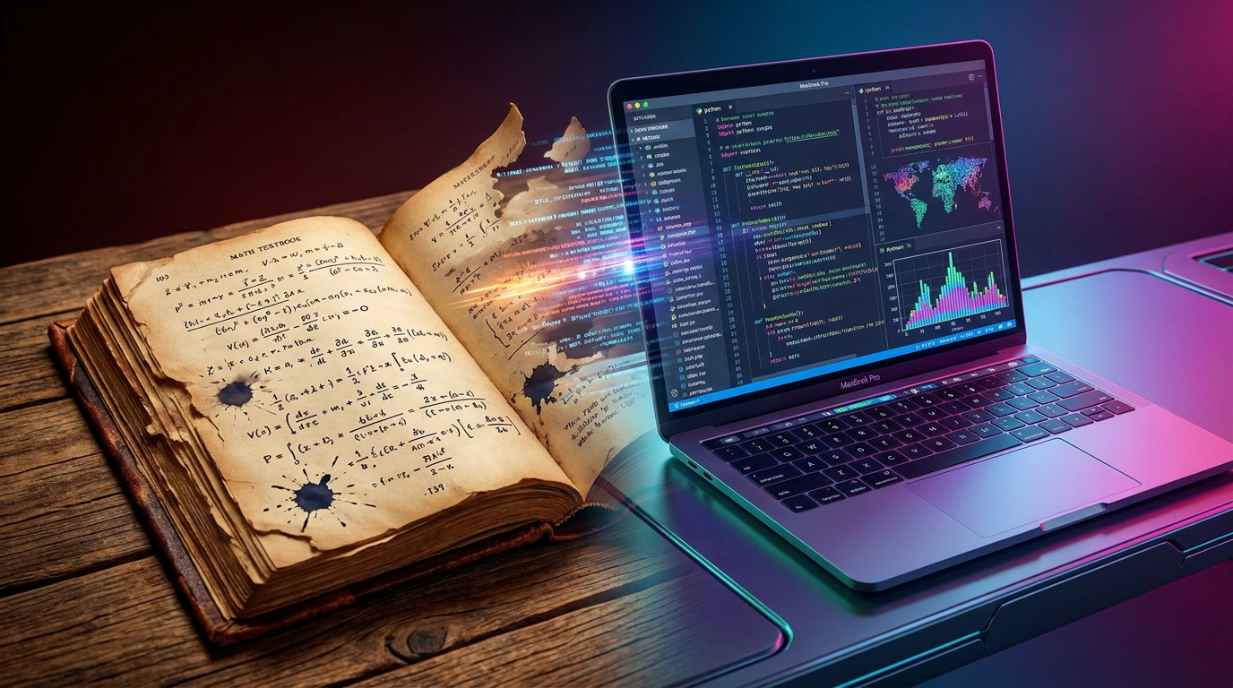 Старый учебник математики рядом с современным ноутбуком и кодом Python