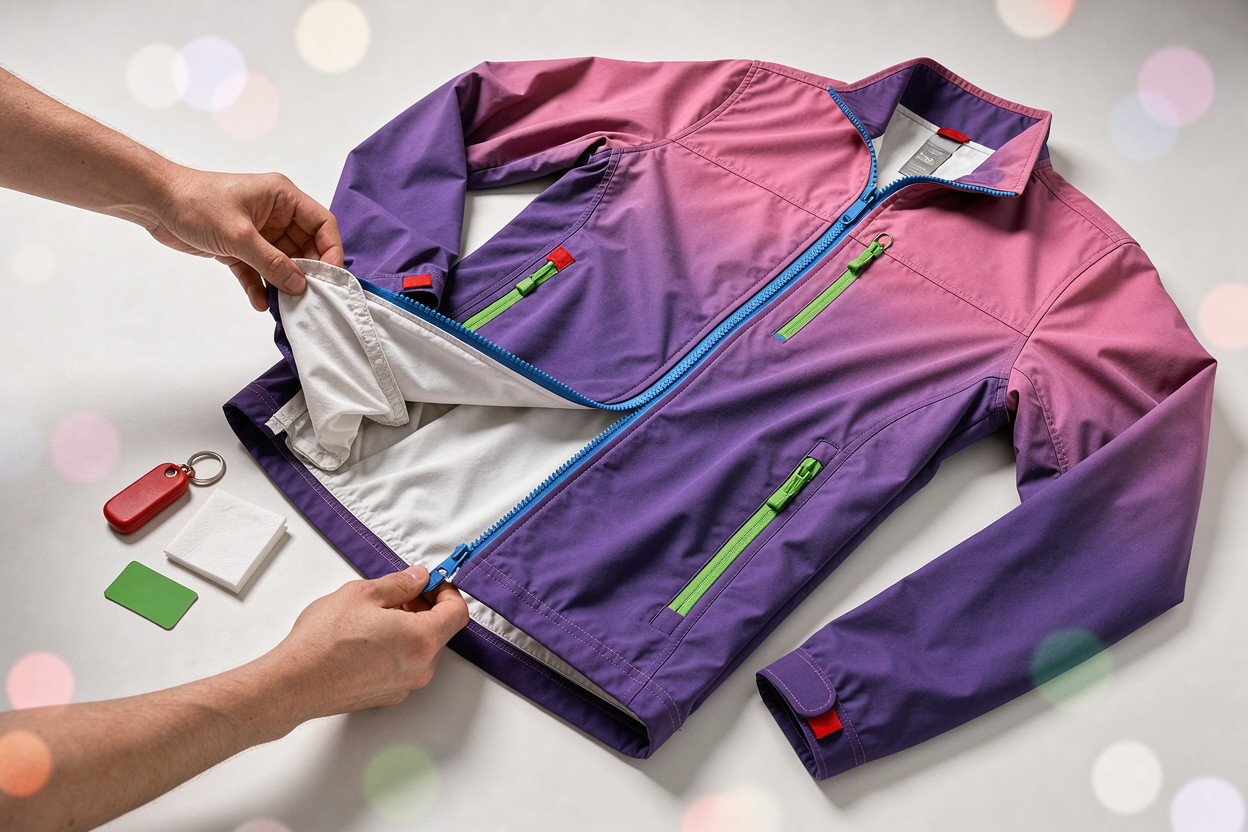 Hands preparing a jacket for washing: emptying pockets, closing zippers, turning garment inside out on a clean surface, focus on details