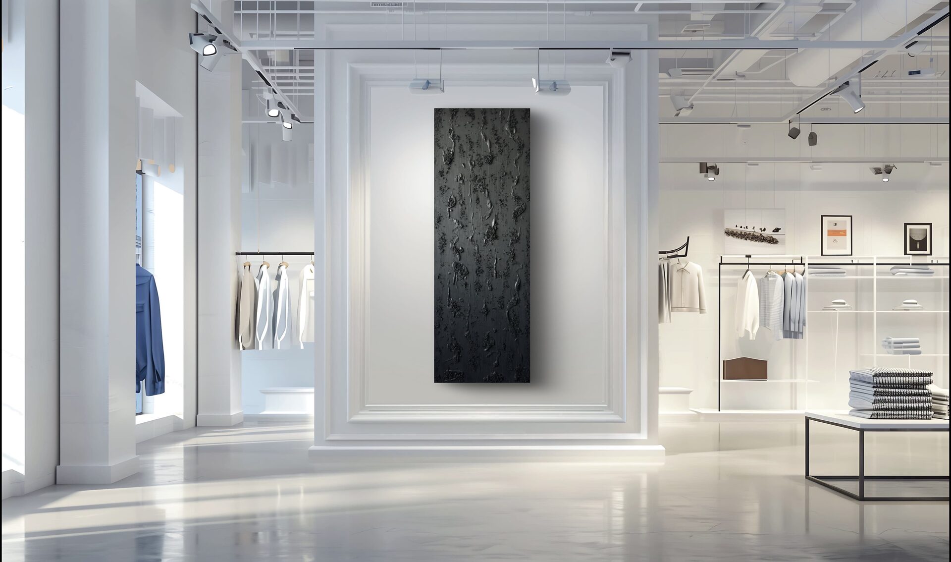 Черная картина в магазине одежды со светлым интерьером