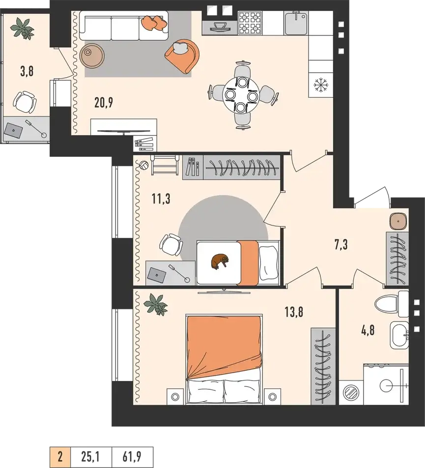 Планировка двухкомнатной квартиры площадью 61,9 м²