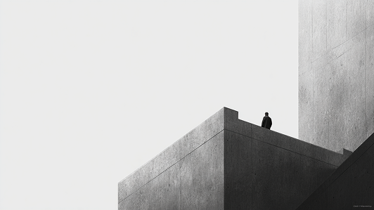 Минималистичная архитектура и фигура человека на фоне пустого пространства — символ изменений в городской среде после пандемии