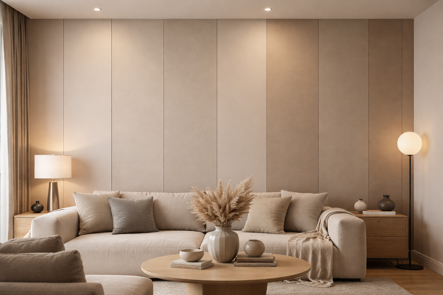 Современная гостиная с крашеными панелями МДФ в матовом исполнении, вертикальная отделка стен в тёплых бежевых оттенках, минималистичный интерьер.