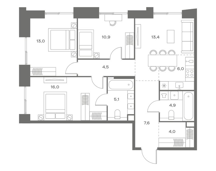 Планировка квартиры с 3 спальнями 85,4 м² в ЖК Soul: корпус 8, секция 11, 11-й этаж