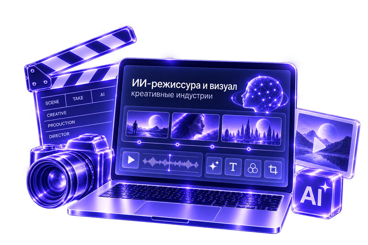 Иллюстрация курса «ИИ-режиссура и визуал для креативных индустрий»: ноутбук с нейросетевым интерфейсом, видеокамера, клэппер и кубик AI