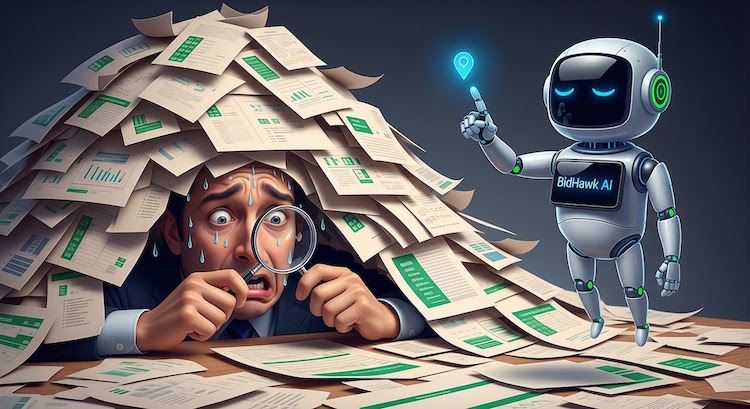 cartoon of a man peeking out from under a pile of proposals