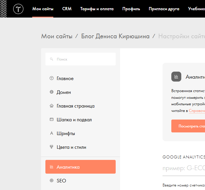 Раздел «Аналитика» в настройках сайта на Тильде