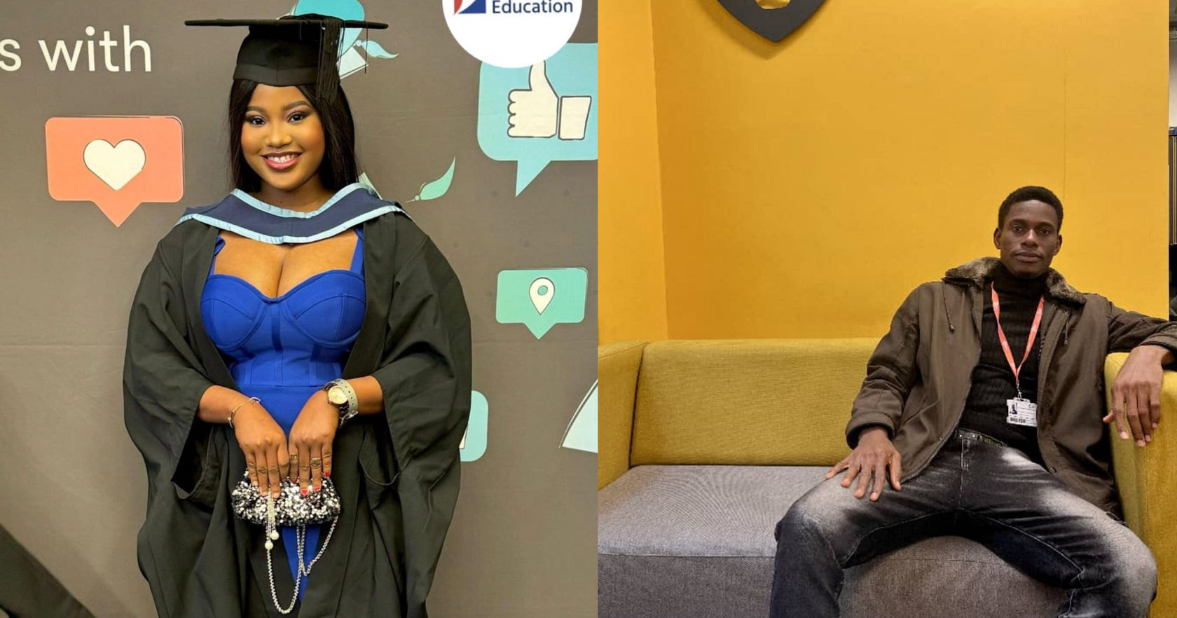 Two BPP University students posing on campus—one in graduation attire and one seated in the student lounge.