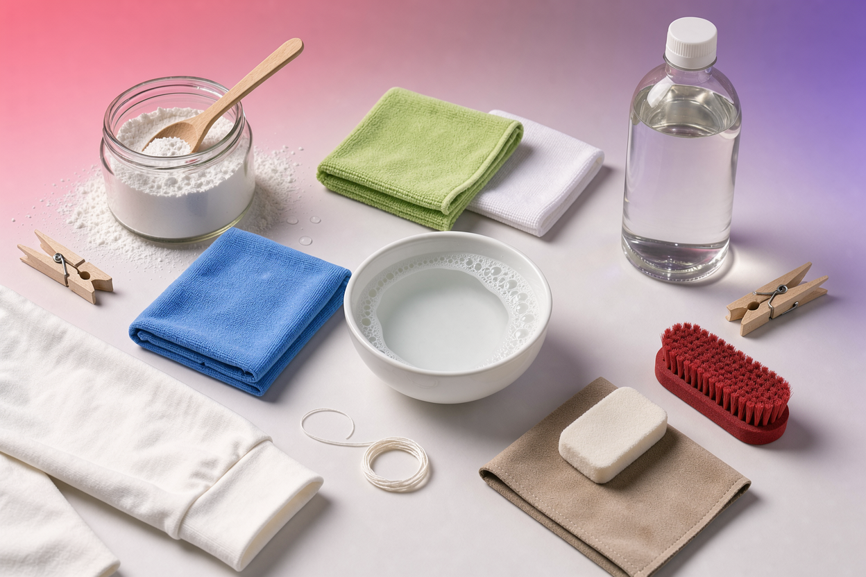 Top view of a workspace for cleaning clothes: small bowl of water with mild detergent, cloths, cornstarch jar, white vinegar bottle and a soft eraser for suede, no logos