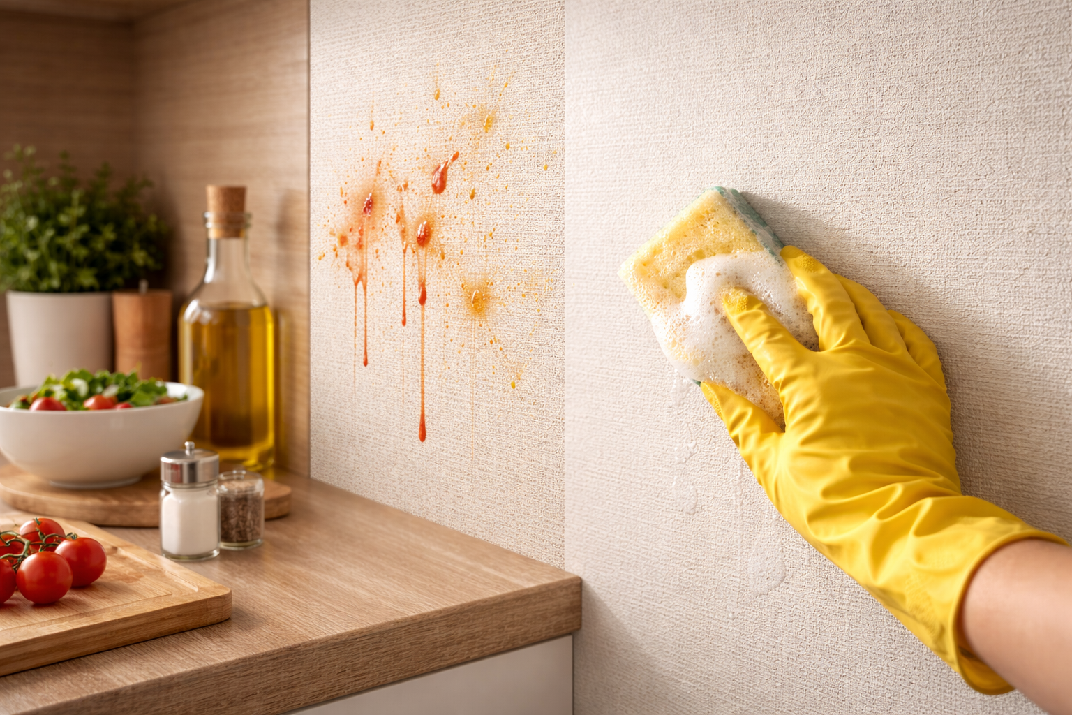 крупный план стены на кухне с моющимися виниловыми обоями: рука в перчатке очищает губкой с пеной брызги соуса и жирные точки