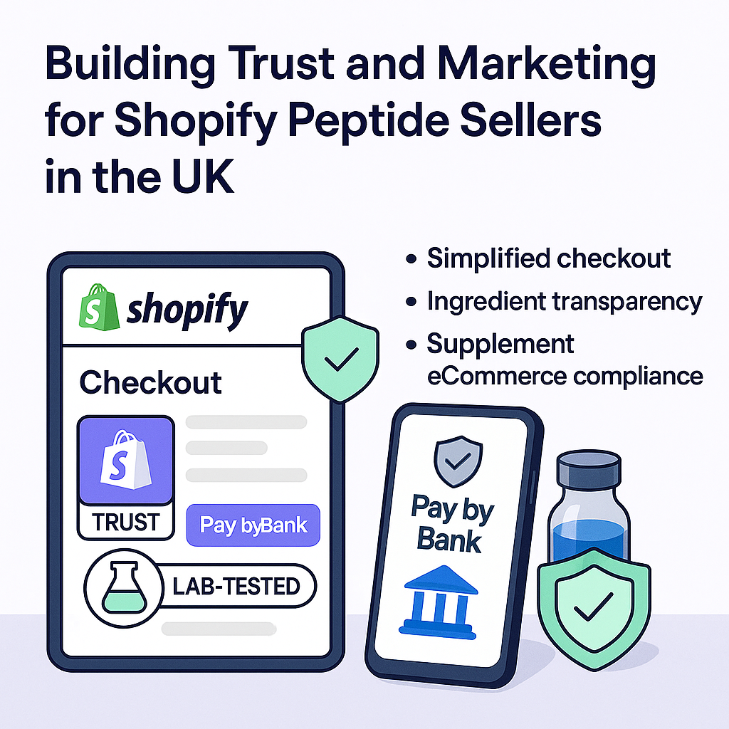 Shopify peptide store checkout showing Pay by Bank, trust badges, and lab-tested verification — illustrating secure, transparent, and compliant eCommerce for UK peptide sellers.”