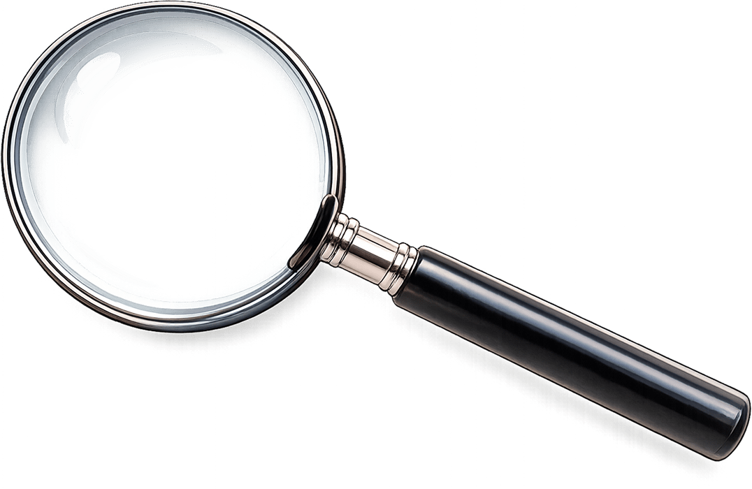 Children's illustration of a magnifying glass with a clear lens on a transparent background